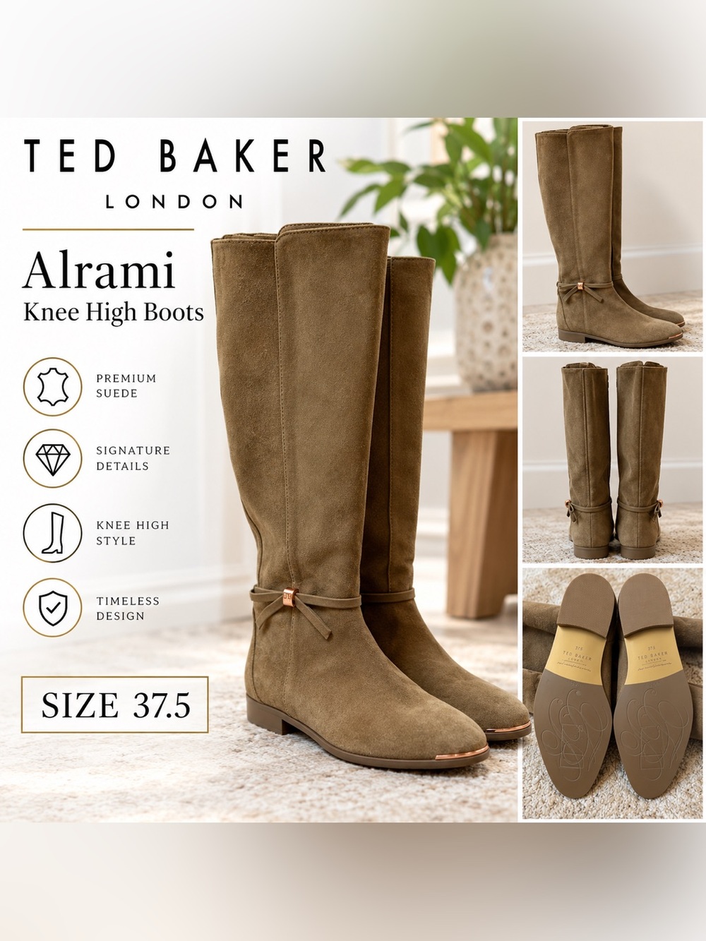 Ted Baker Alrami Suede Knee High Boots Taupe Women’s Size 37.5